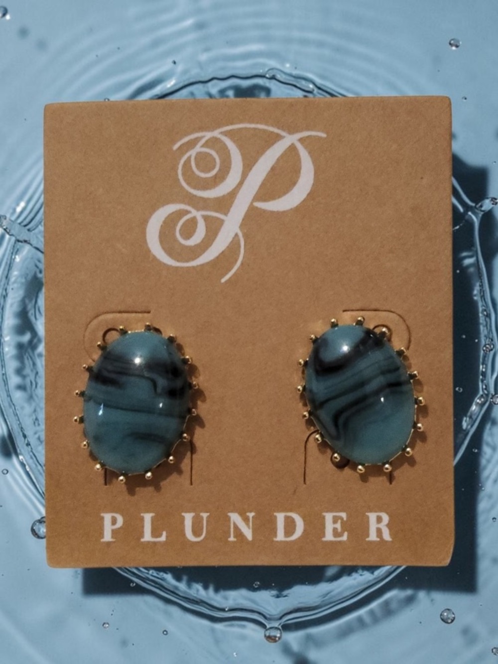 Plunder Blue Faux Marble Oval Stud Earrings - Picture 1 of 1